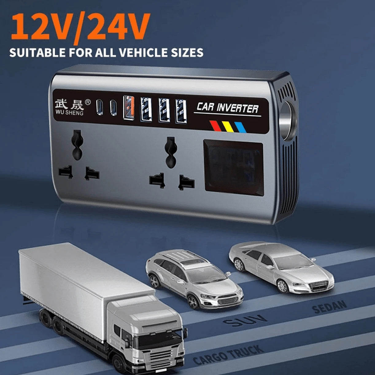 Car Power Inverter, DC12V/24V Automatic Power Converter 200W With 4 USB Port Sockets, Car Power Adapter