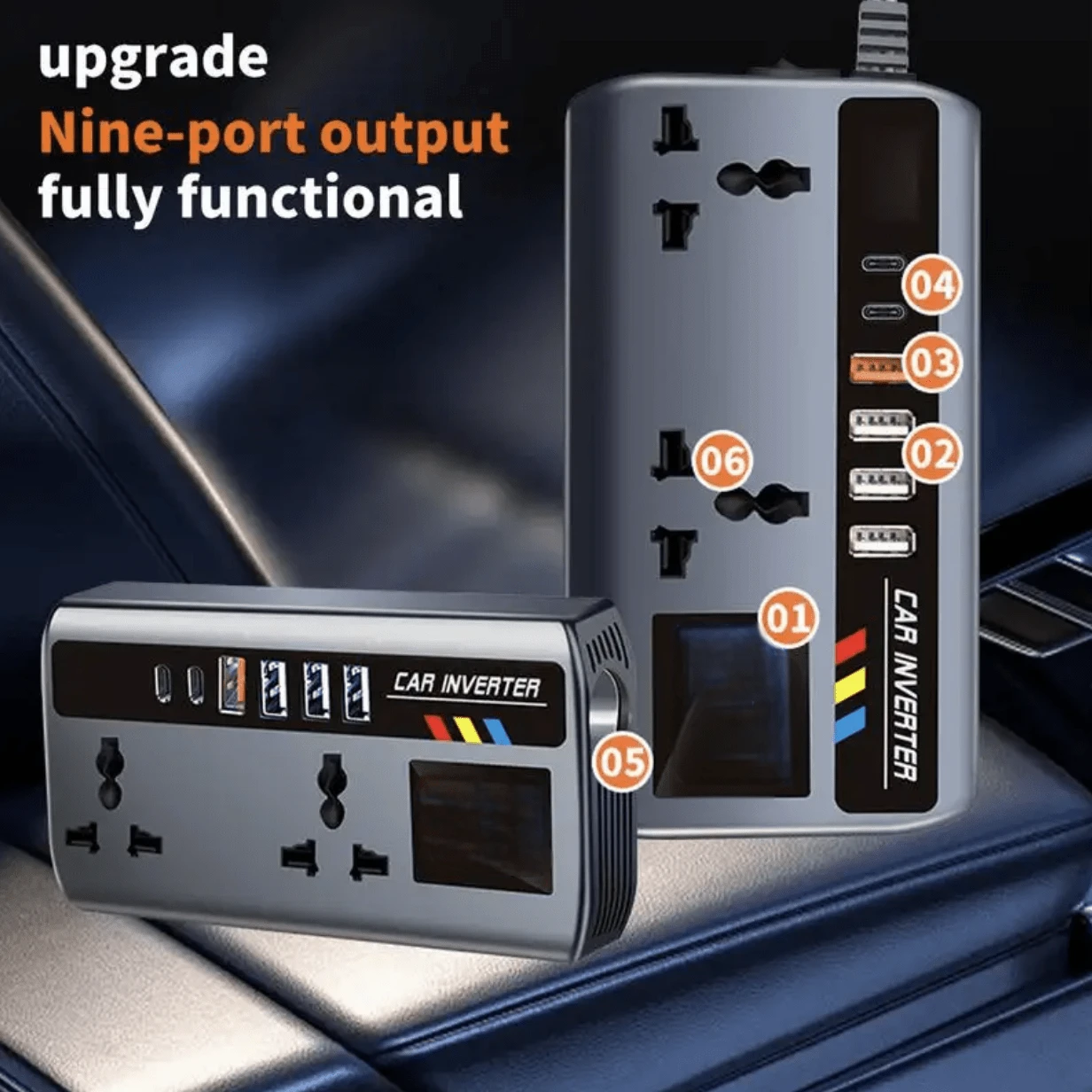 Car Power Inverter, DC12V/24V Automatic Power Converter 200W With 4 USB Port Sockets, Car Power Adapter