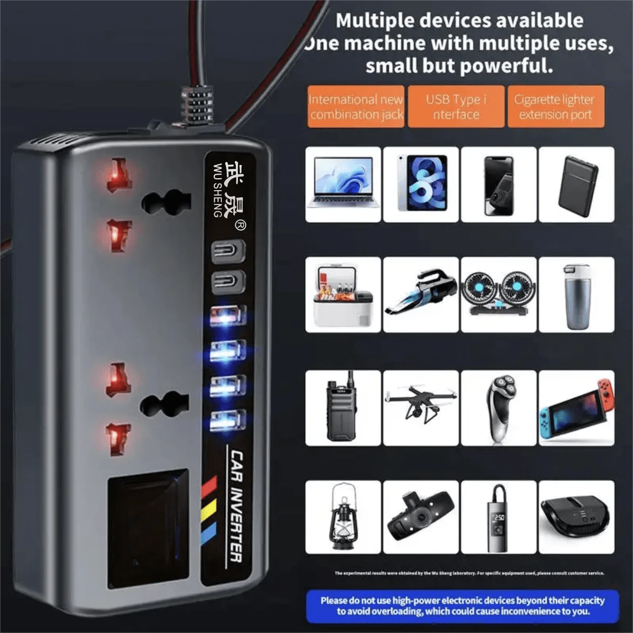 Car Power Inverter, DC12V/24V Automatic Power Converter 200W With 4 USB Port Sockets, Car Power Adapter
