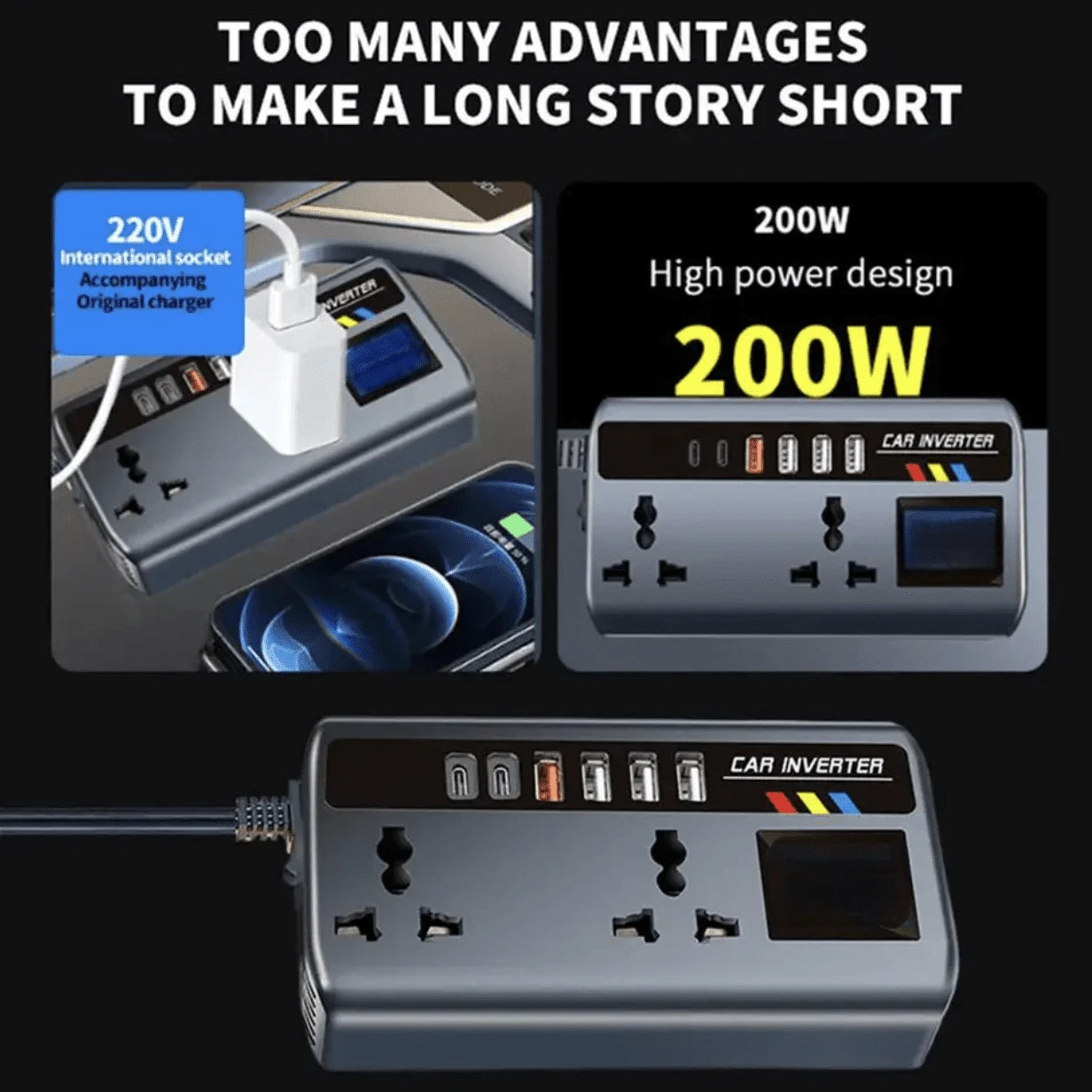 Car Power Inverter, DC12V/24V Automatic Power Converter 200W With 4 USB Port Sockets, Car Power Adapter