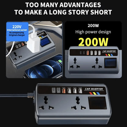 Car Power Inverter, DC12V/24V Automatic Power Converter 200W With 4 USB Port Sockets, Car Power Adapter