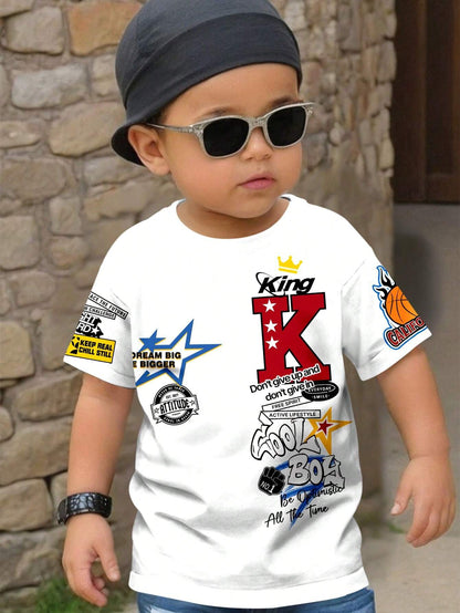 Casual Cool King, COOL BOY, Hiphop Culture Graphic Print Loose Round Neck Short Sleeve T-Shirt For Baby Boy, Summer