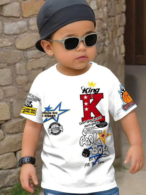 Casual Cool King, COOL BOY, Hiphop Culture Graphic Print Loose Round Neck Short Sleeve T-Shirt For Baby Boy, Summer