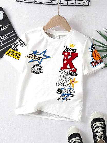 Casual Cool King, COOL BOY, Hiphop Culture Graphic Print Loose Round Neck Short Sleeve T-Shirt For Baby Boy, Summer