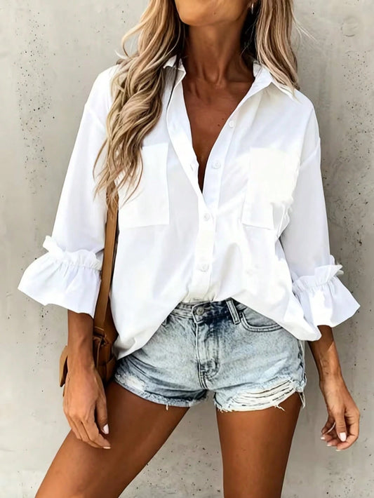 Casual Elegant Charm Fashion 3/4 Sleeve Button Collar Blouse, Minimalist 3/4 Sleeve Frill Cuff Top, Women White Spring