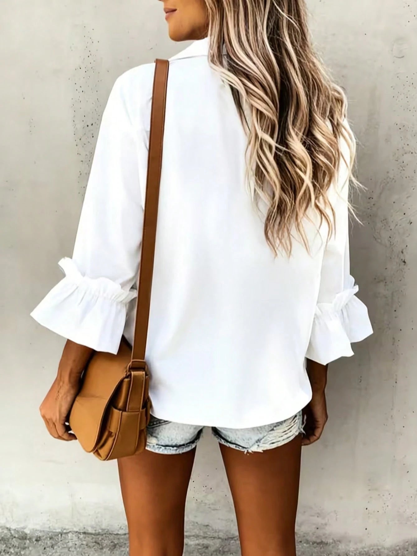 Casual Elegant Charm Fashion 3/4 Sleeve Button Collar Blouse, Minimalist 3/4 Sleeve Frill Cuff Top, Women White Spring