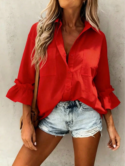 Casual Elegant Charm Fashion 3/4 Sleeve Button Collar Blouse, Minimalist 3/4 Sleeve Frill Cuff Top, Women White Spring