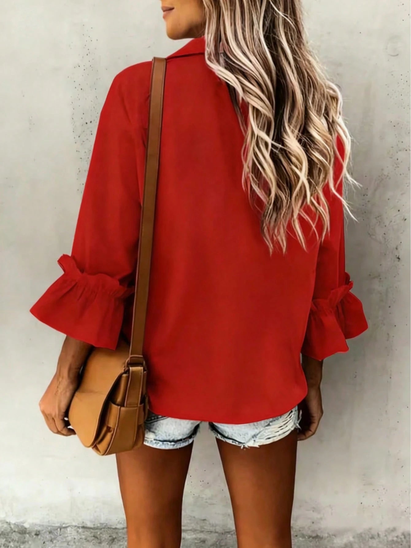 Casual Elegant Charm Fashion 3/4 Sleeve Button Collar Blouse, Minimalist 3/4 Sleeve Frill Cuff Top, Women White Spring