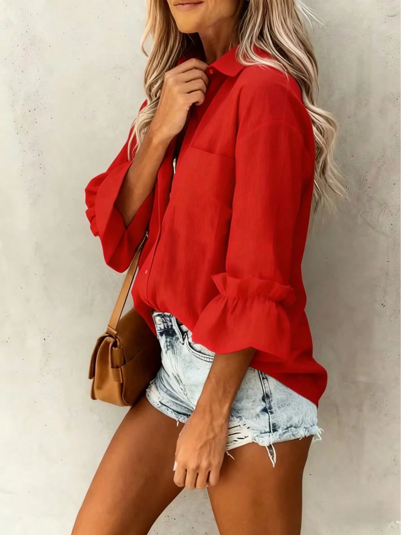 Casual Elegant Charm Fashion 3/4 Sleeve Button Collar Blouse, Minimalist 3/4 Sleeve Frill Cuff Top, Women White Spring