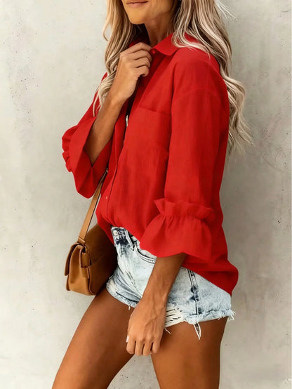 Casual Elegant Charm Fashion 3/4 Sleeve Button Collar Blouse, Minimalist 3/4 Sleeve Frill Cuff Top, Women White Spring