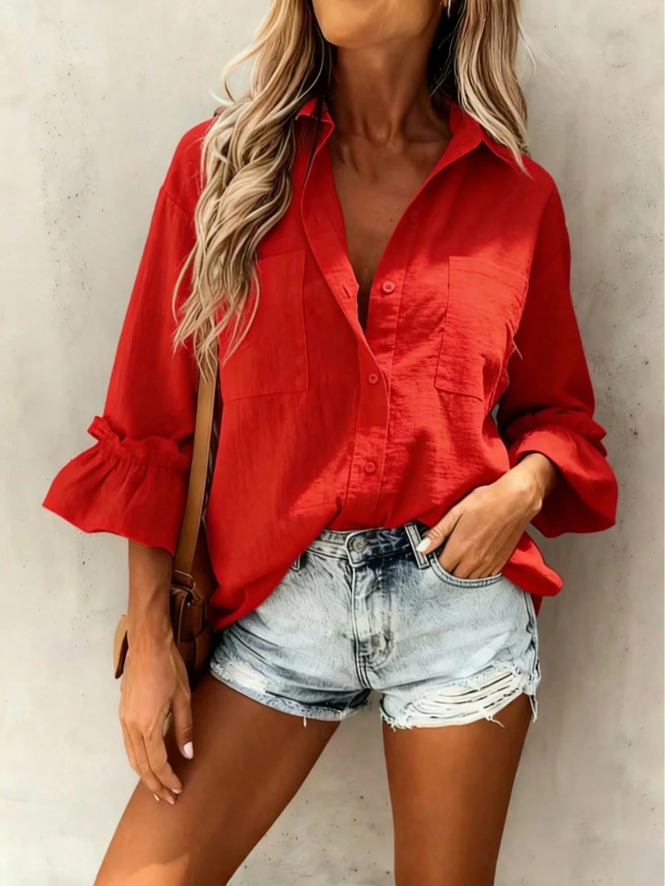 Casual Elegant Charm Fashion 3/4 Sleeve Button Collar Blouse, Minimalist 3/4 Sleeve Frill Cuff Top, Women White Spring