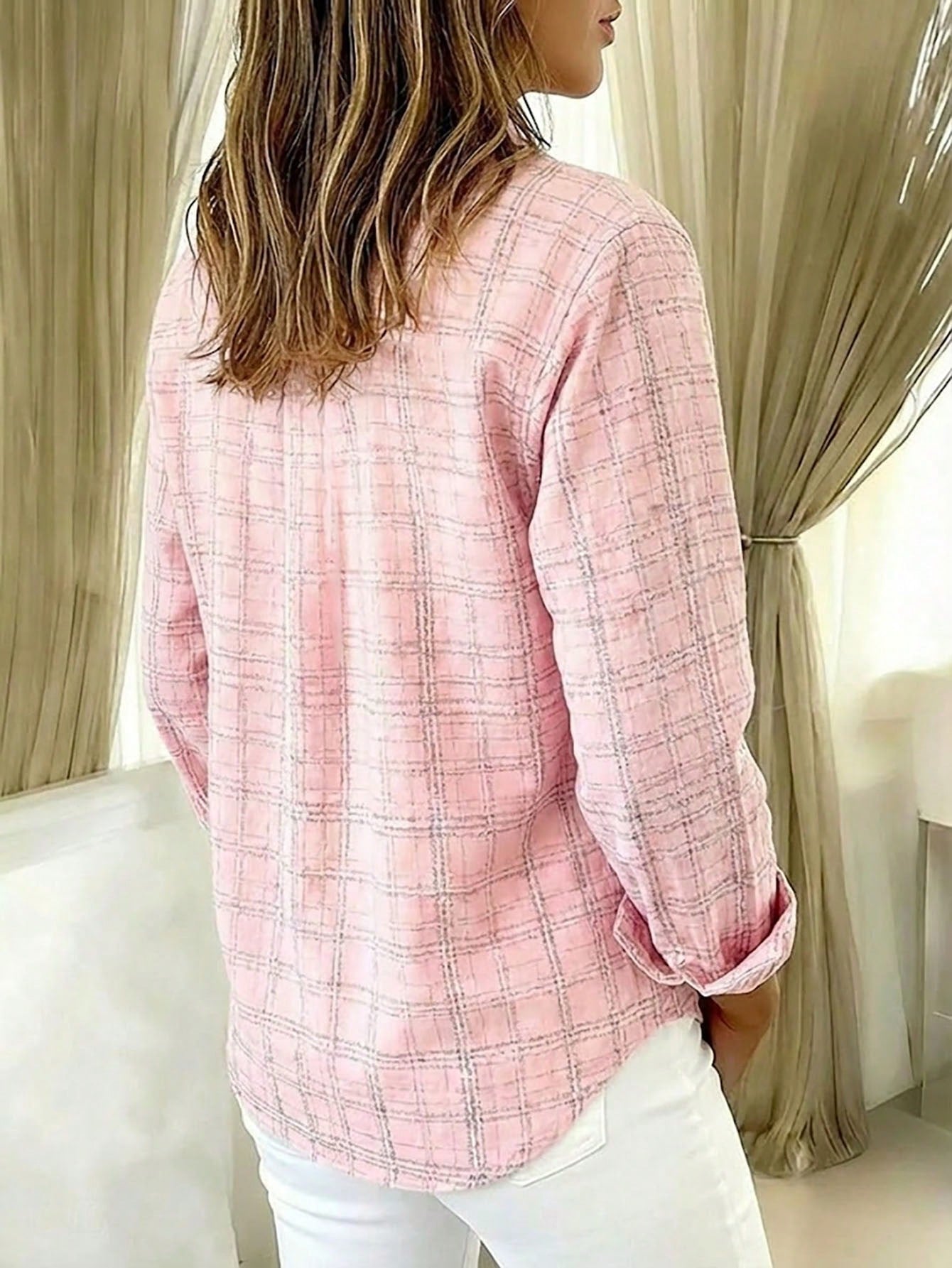 Casual Fashion Plaid Print Women's Plus Size Lightweight Long Sleeve Button-Up Shirt Pink