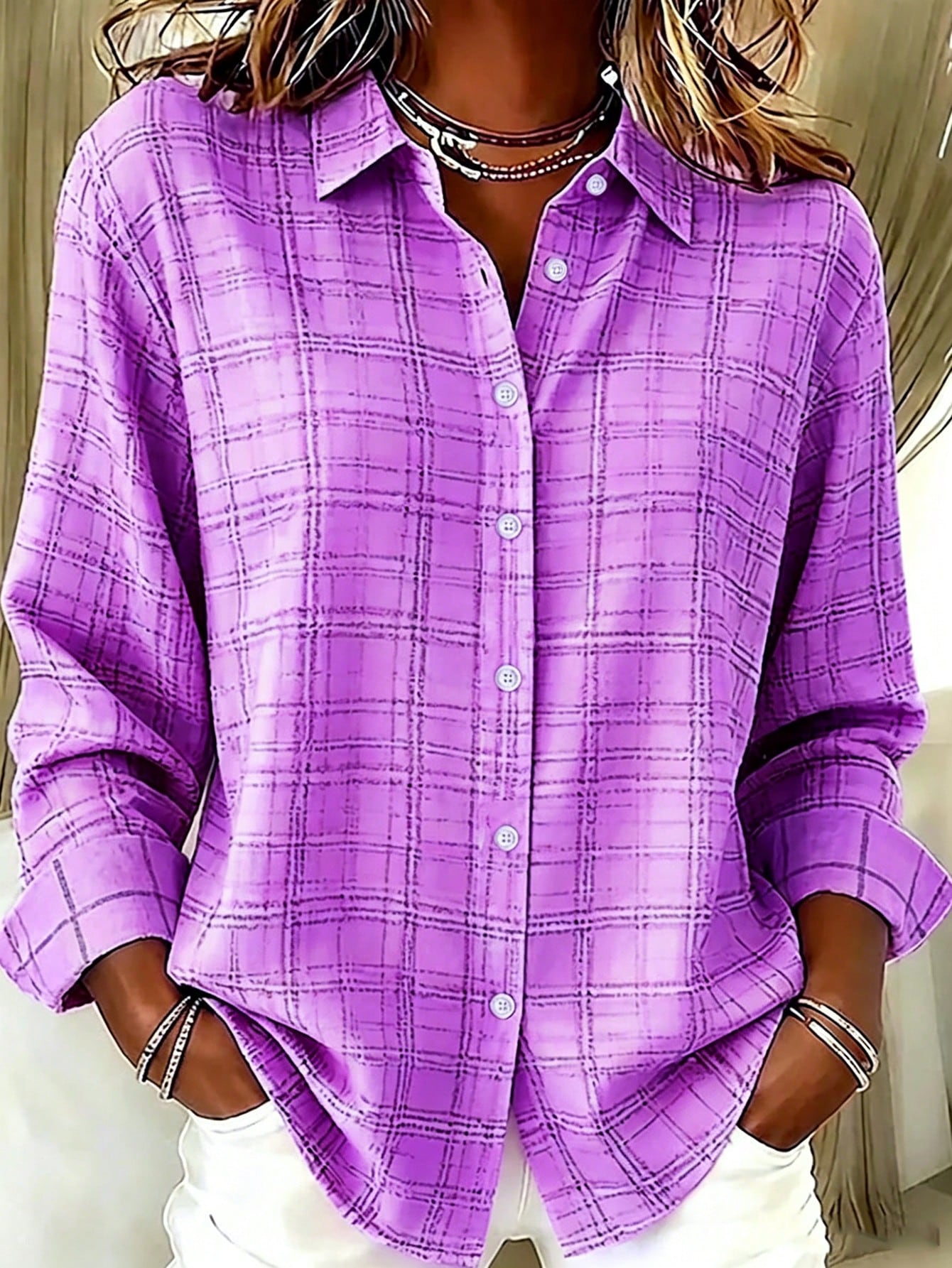 Casual Fashion Plaid Print Women's Plus Size Lightweight Long Sleeve Button-Up Shirt Pink