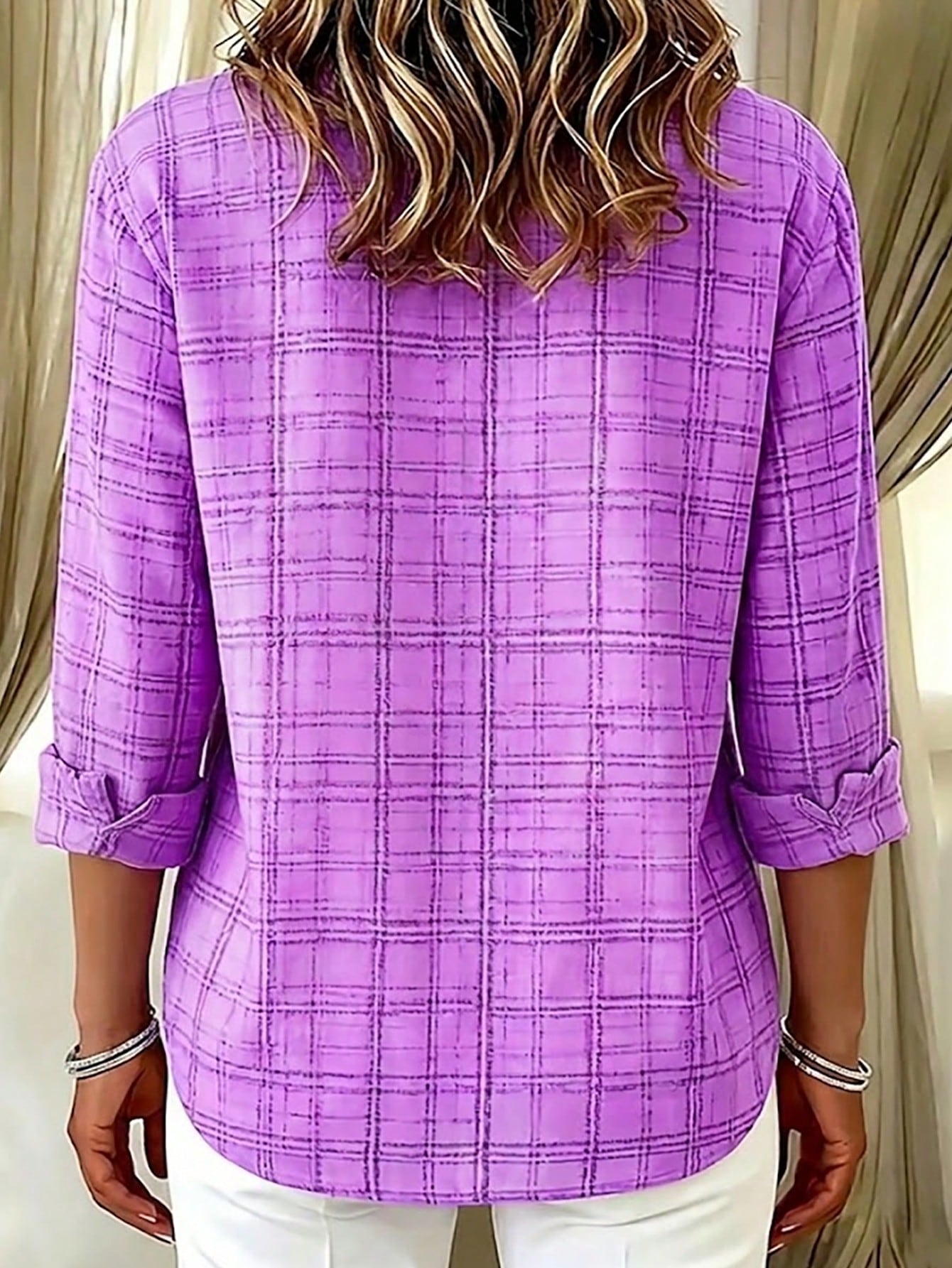 Casual Fashion Plaid Print Women's Plus Size Lightweight Long Sleeve Button-Up Shirt Pink