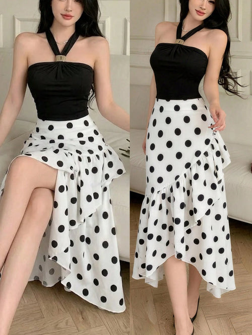 Celisse Women's Vintage Halter Neck White And Black Polka Dot Ruffle Asymmetrical Dress,Summer Elegant Party High Waist Midi Outfit