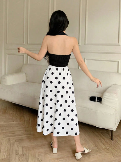 Celisse Women's Vintage Halter Neck White And Black Polka Dot Ruffle Asymmetrical Dress,Summer Elegant Party High Waist Midi Outfit