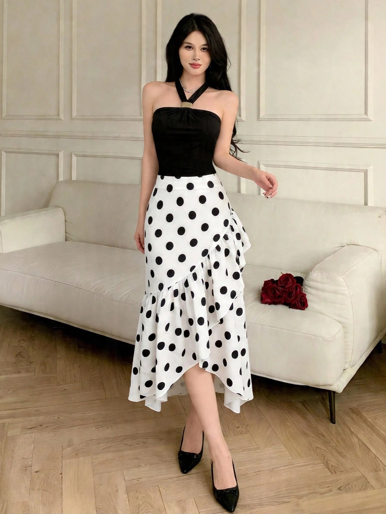 Celisse Women's Vintage Halter Neck White And Black Polka Dot Ruffle Asymmetrical Dress,Summer Elegant Party High Waist Midi Outfit