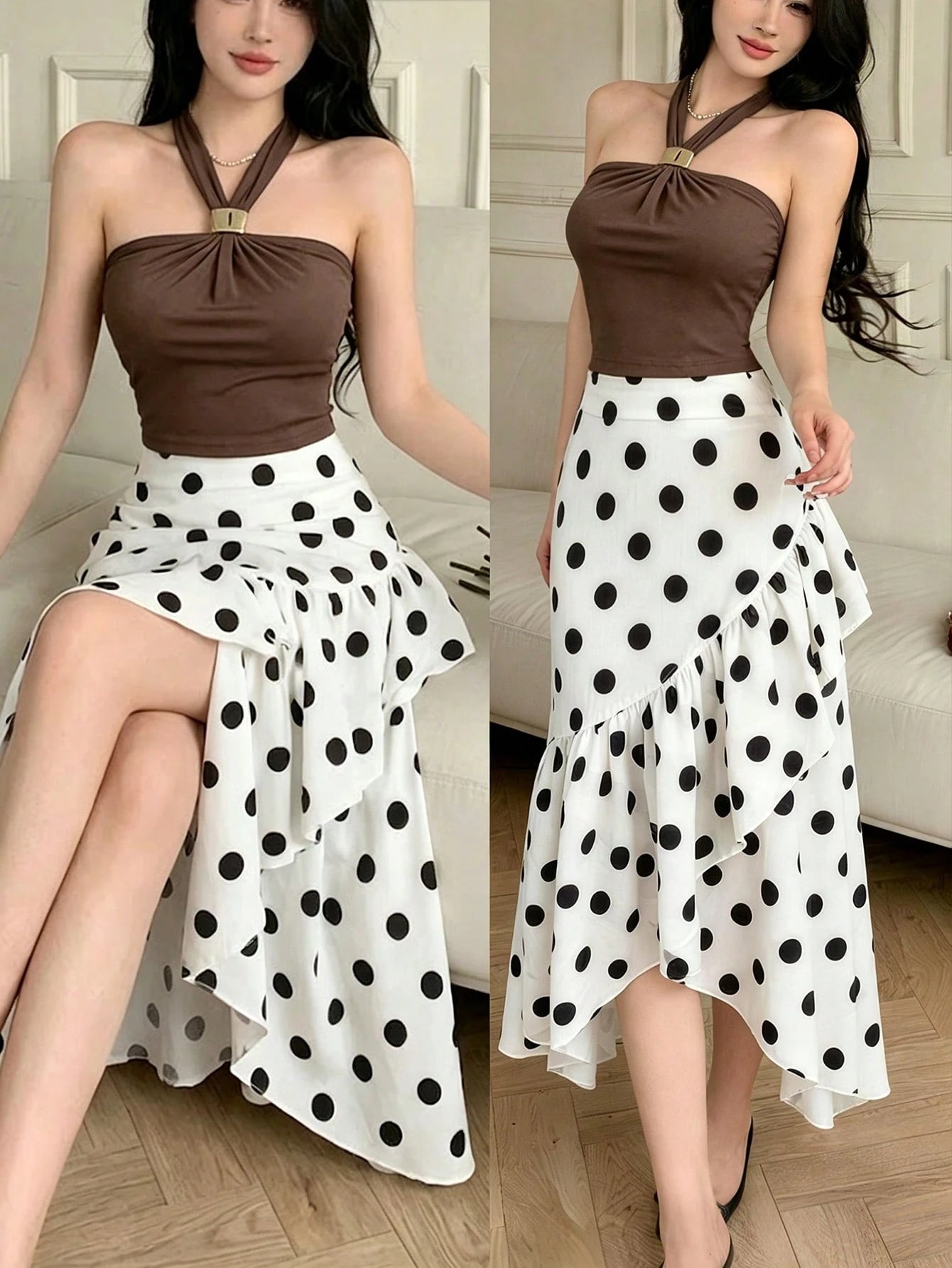 Celisse Women's Vintage Halter Neck White And Black Polka Dot Ruffle Asymmetrical Dress,Summer Elegant Party High Waist Midi Outfit