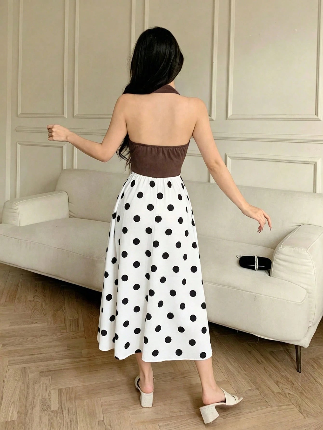 Celisse Women's Vintage Halter Neck White And Black Polka Dot Ruffle Asymmetrical Dress,Summer Elegant Party High Waist Midi Outfit