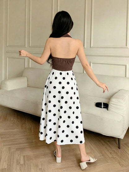 Celisse Women's Vintage Halter Neck White And Black Polka Dot Ruffle Asymmetrical Dress,Summer Elegant Party High Waist Midi Outfit