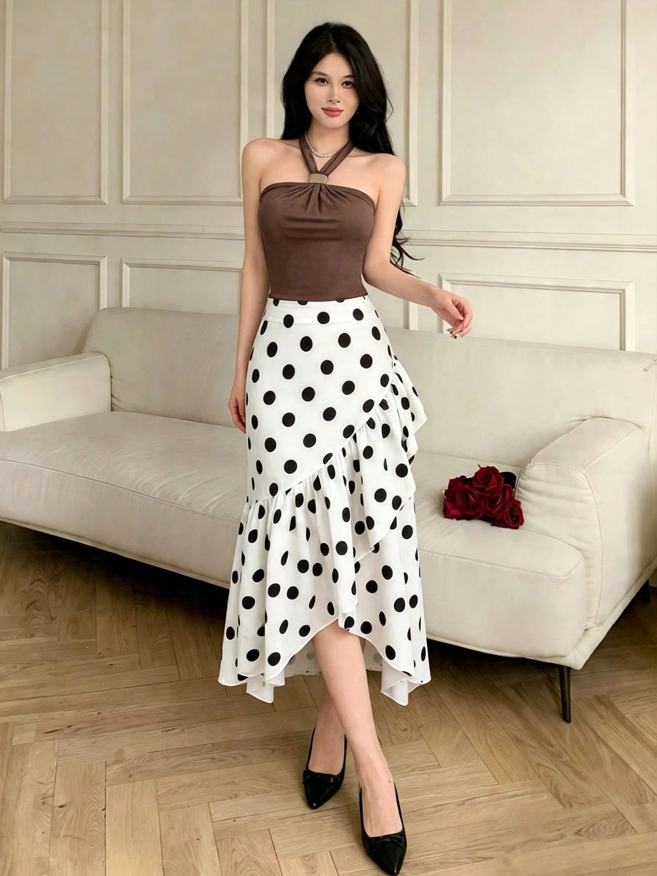 Celisse Women's Vintage Halter Neck White And Black Polka Dot Ruffle Asymmetrical Dress,Summer Elegant Party High Waist Midi Outfit