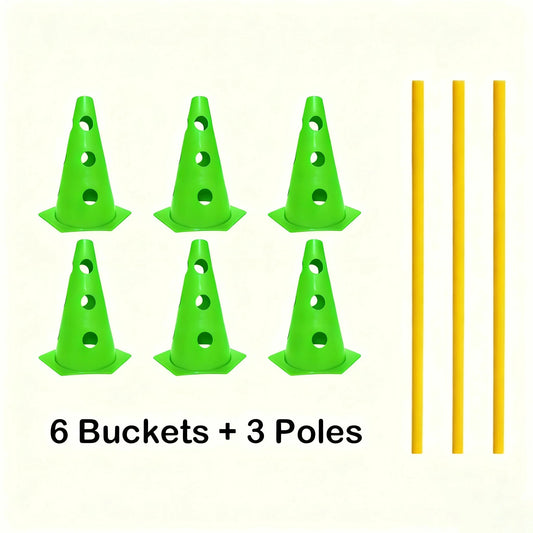 CENLEN 6 Hexagonal Training Cones With Holes, Each 23cm In Diameter, And 3 1-Meter Assembly-Ready Portable Training Poles. This Is A Dog Agility Training Set, Including A Perforated Obstacle Barrel Hu