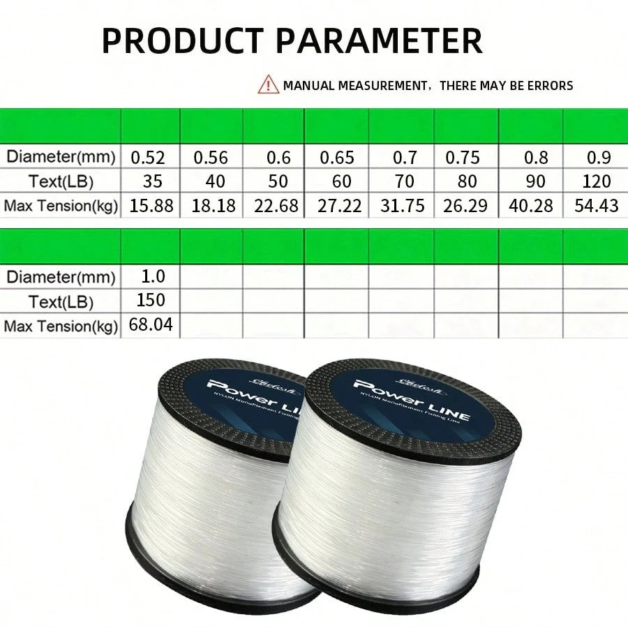 Chelesh 546YDS Monofilament Fishing Line, Transparent Invisible Absorbent, Nylon Line, Diameter 0.52mm-1.0mm, Strength 35LB-150LB, Suitable For Freshwater, Saltwater, Surf Fishing, Ideal For Long-Rang