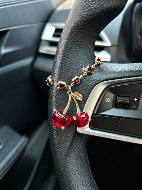 Cherry Car Hanging Ornament, Steering Wheel Decoration Chain With Crystal Butterfly Pendant, High-End Car Interior Decor Accessory