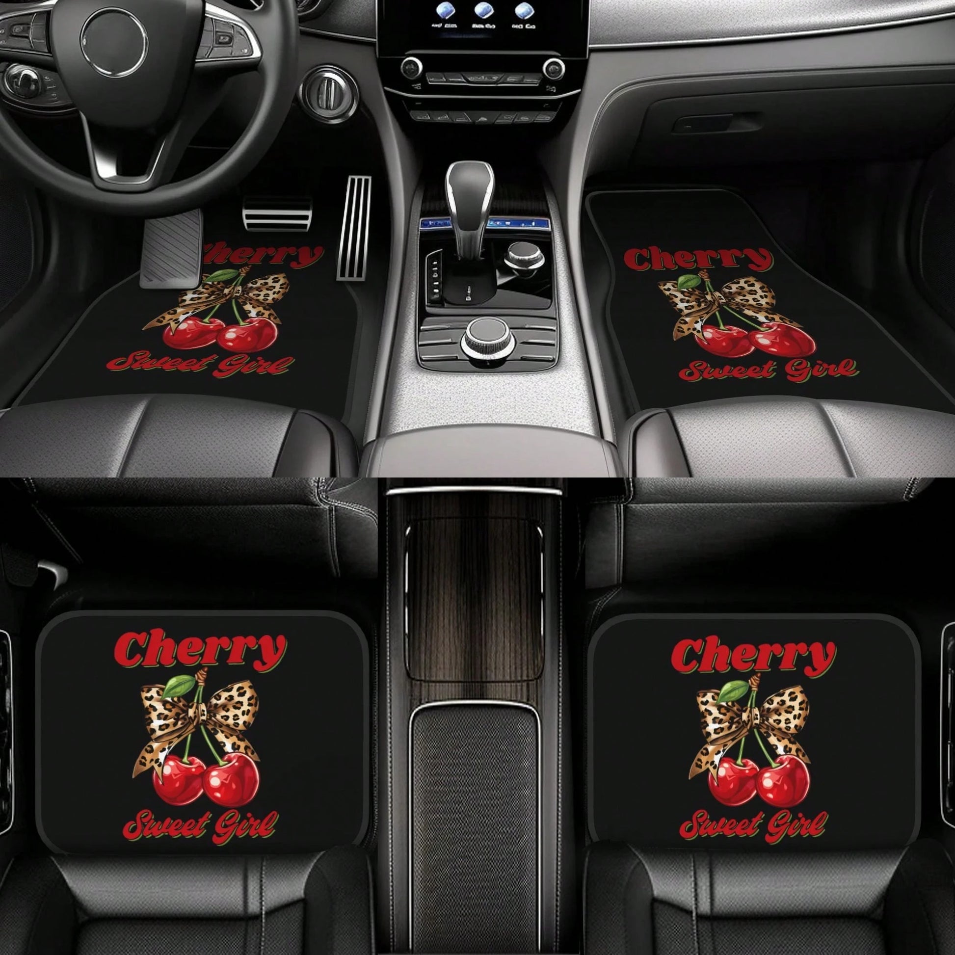 Cherry Leopard Print Bowknot Pattern Car Floor Mat, With Artistic Decoration, Is A Car Interior Accessory. The Floor Mat Is Clearly Printed With Fashionable And Luxurious Patterns, A Cute And Comforta