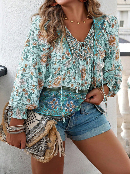 Clasi Holidaya Plus Size Printed Tie Neck Lantern Sleeve Blouse, Long Sleeve Top, Lightweight And Soft Fabric, Suitable For Spring, Summer, Autumn, Winter All Seasons, Essential Item For Casual
