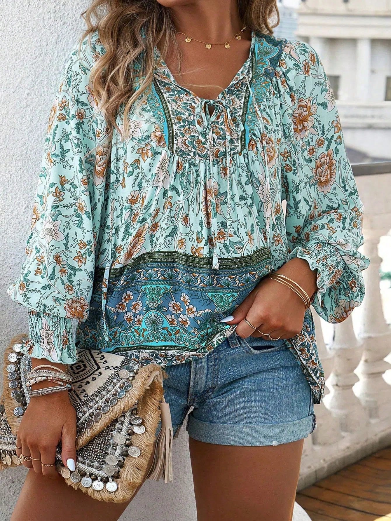 Clasi Holidaya Plus Size Printed Tie Neck Lantern Sleeve Blouse, Long Sleeve Top, Lightweight And Soft Fabric, Suitable For Spring, Summer, Autumn, Winter All Seasons, Essential Item For Casual