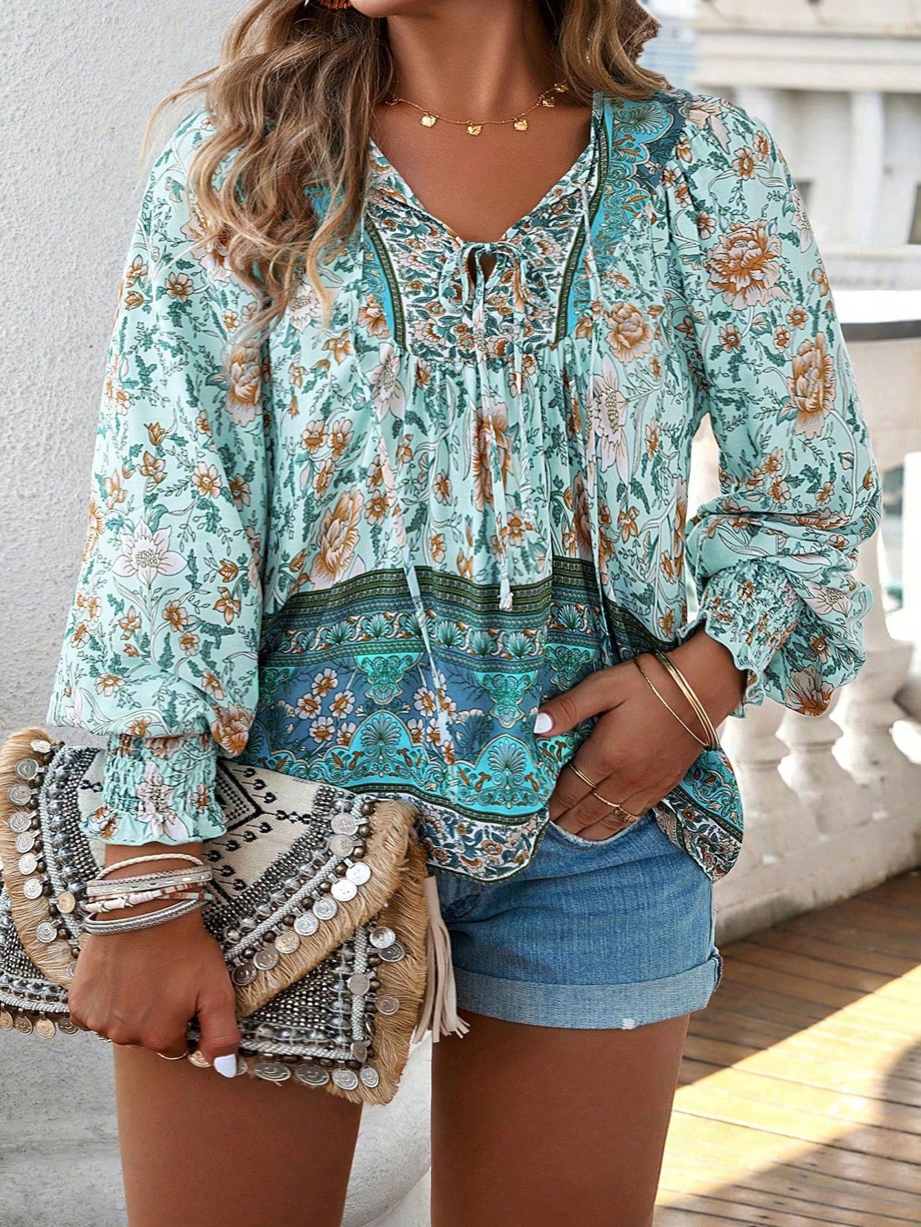 Clasi Holidaya Plus Size Printed Tie Neck Lantern Sleeve Blouse, Long Sleeve Top, Lightweight And Soft Fabric, Suitable For Spring, Summer, Autumn, Winter All Seasons, Essential Item For Casual