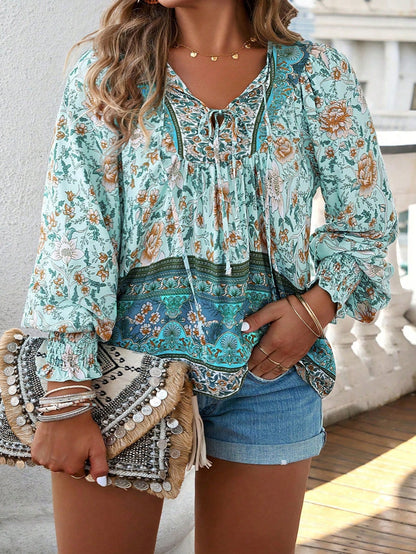 Clasi Holidaya Plus Size Printed Tie Neck Lantern Sleeve Blouse, Long Sleeve Top, Lightweight And Soft Fabric, Suitable For Spring, Summer, Autumn, Winter All Seasons, Essential Item For Casual