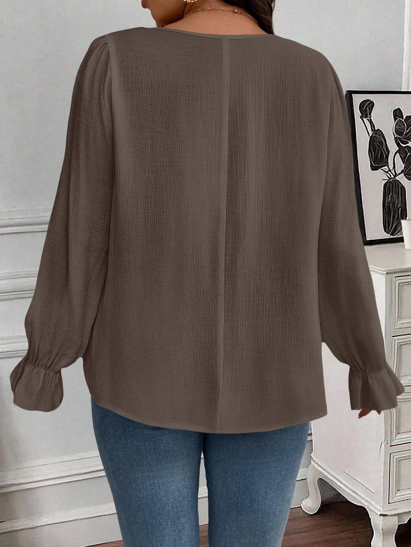 Clasi Plus Size Women's Casual Everyday Commute Solid Color Square Collar Ruffle Sleeve Contrast Lace Loose Blouse, Spring/Autumn Fall