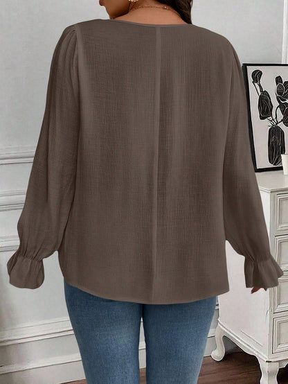 Clasi Plus Size Women's Casual Everyday Commute Solid Color Square Collar Ruffle Sleeve Contrast Lace Loose Blouse, Spring/Autumn Fall