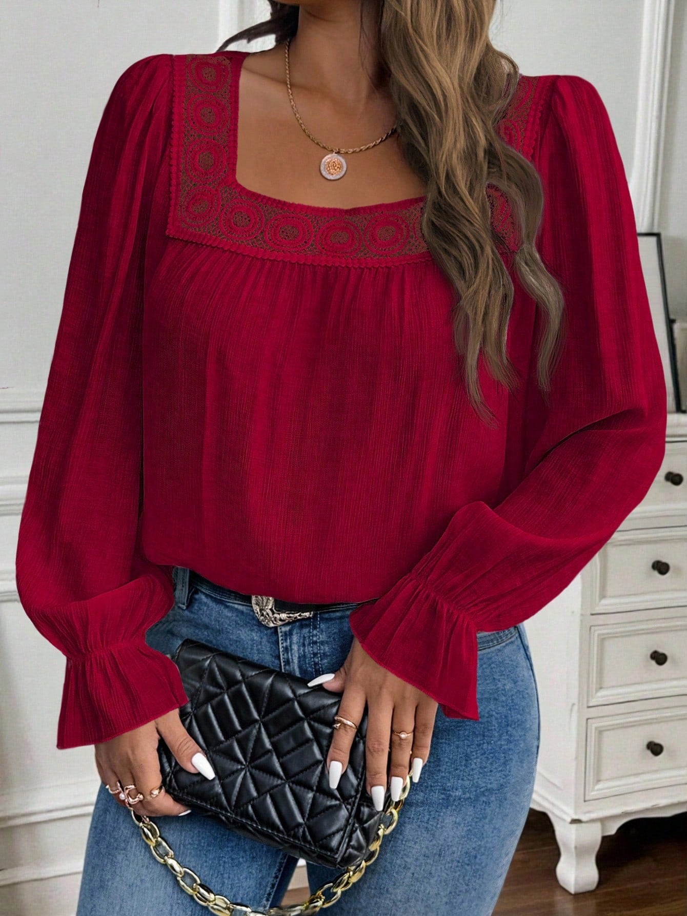 Clasi Plus Size Women's Casual Everyday Commute Solid Color Square Collar Ruffle Sleeve Contrast Lace Loose Blouse, Spring/Autumn Fall
