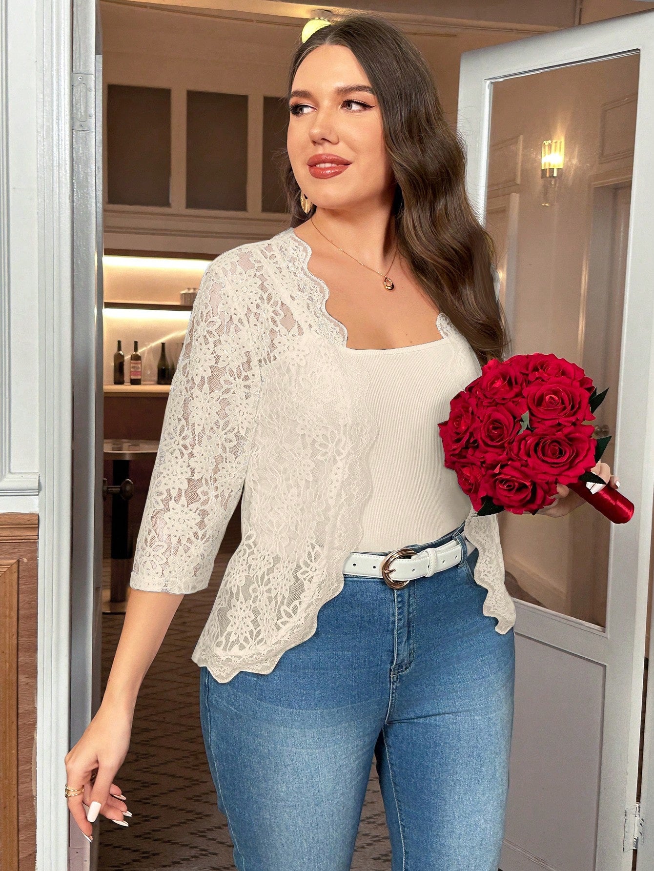 Clasi Plus Size Women's Fall & Fall Women Contrast Lace 3/4 Sleeve Open Front Jacket,Business Casual Woman Winter Autumn