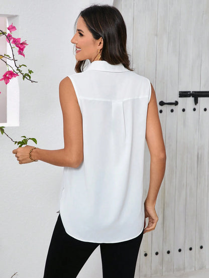 Clasi Women's Fashionable Summer Simple Solid Color Loose Sleeveless Turn-Down Collar Shirt,Sleeveless Tops