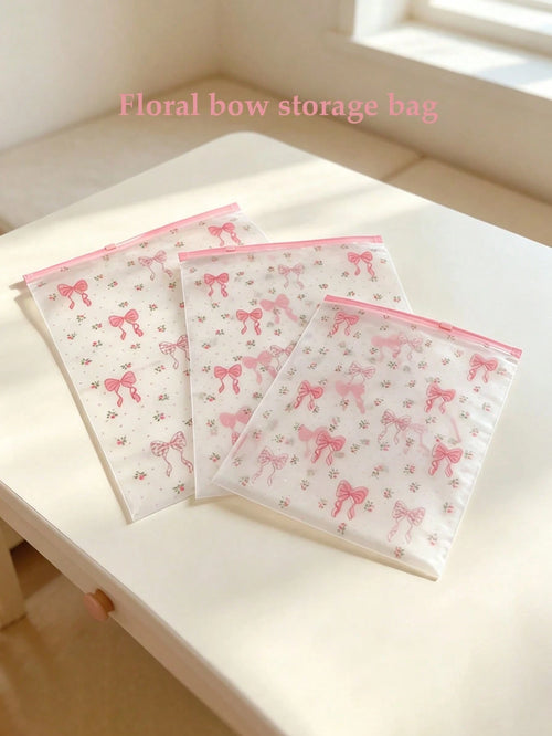 Clothing Storage Bag Set, Transparent Floral Bow Zipper Storage Bags, Suitable For Baby And Family Travel Luggage Organization