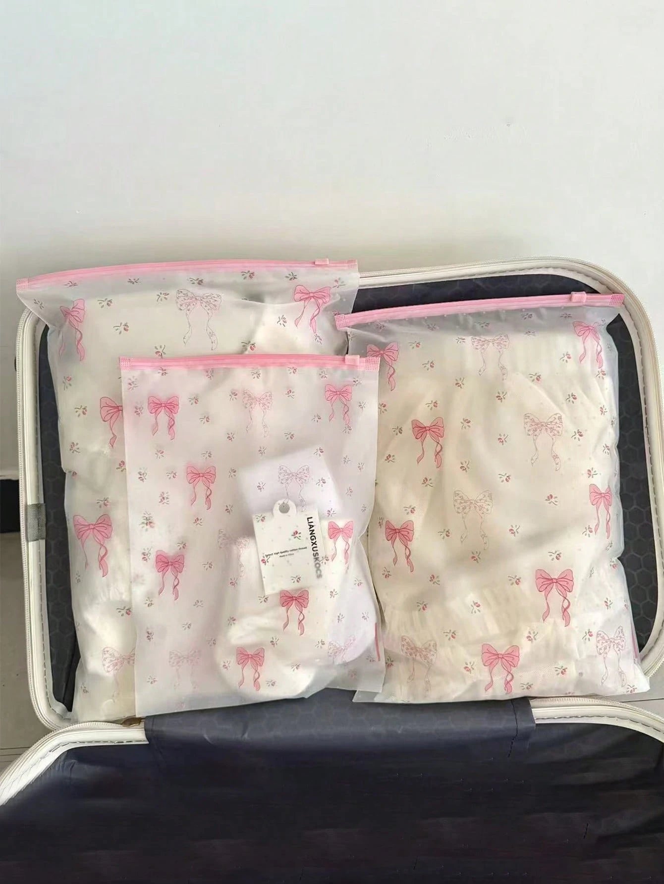 Clothing Storage Bag Set, Transparent Floral Bow Zipper Storage Bags, Suitable For Baby And Family Travel Luggage Organization