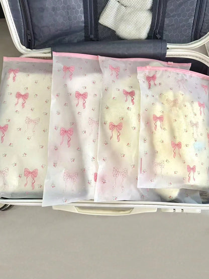 Clothing Storage Bag Set, Transparent Floral Bow Zipper Storage Bags, Suitable For Baby And Family Travel Luggage Organization