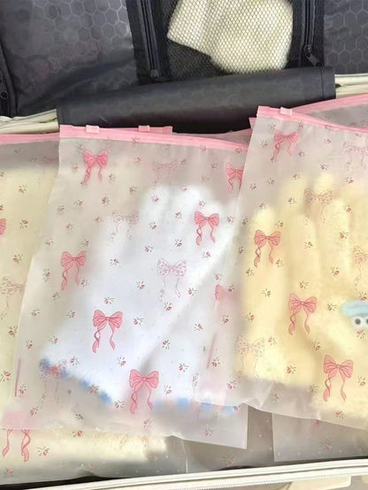 Clothing Storage Bag Set, Transparent Floral Bow Zipper Storage Bags, Suitable For Baby And Family Travel Luggage Organization