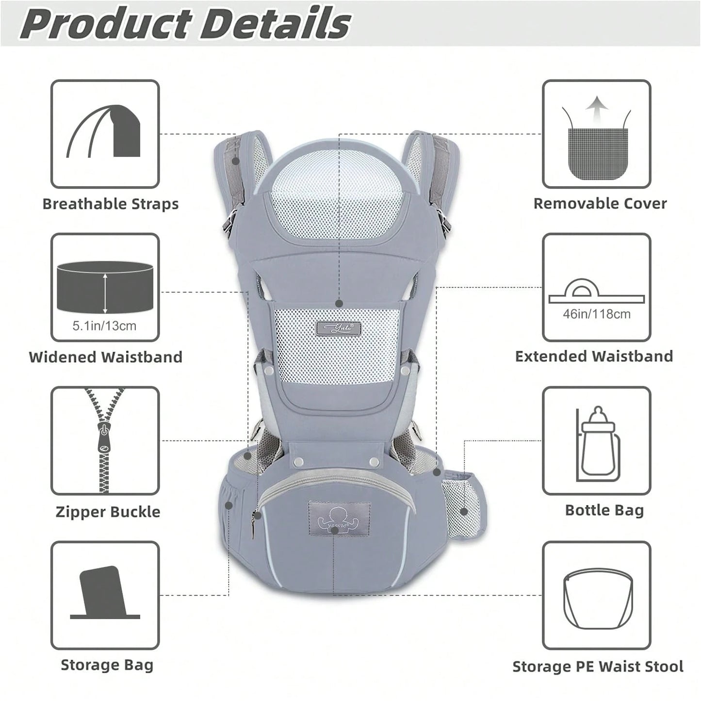 CN. Grey/Blue/Black/Pink Baby Carrier,Ergonomic Infant Carrier With Hip Seat Bag Soft Baby Carrier Newborn To Toddler 7-45lbs Baby Holder Carrier