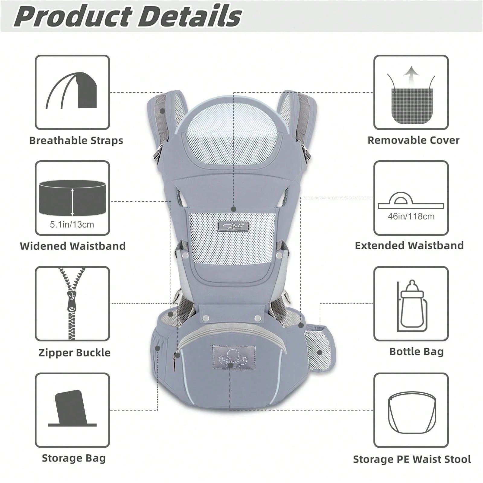CN. Grey/Blue/Black/Pink Baby Carrier,Ergonomic Infant Carrier With Hip Seat Bag Soft Baby Carrier Newborn To Toddler 7-45lbs Baby Holder Carrier