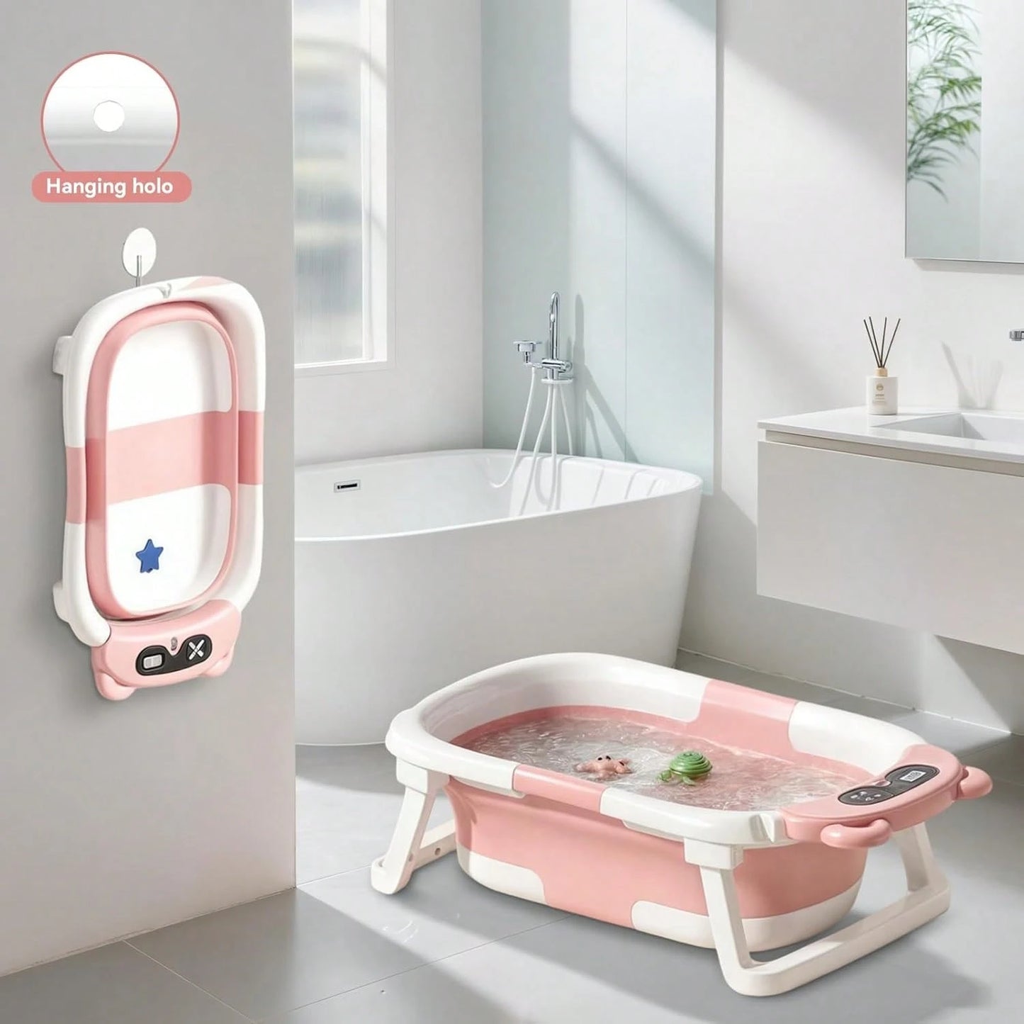 Collapsible Baby Bathtub With Soft Bath Net, Portable Infant Travel Tub, Non-Slip Dinosaur Design