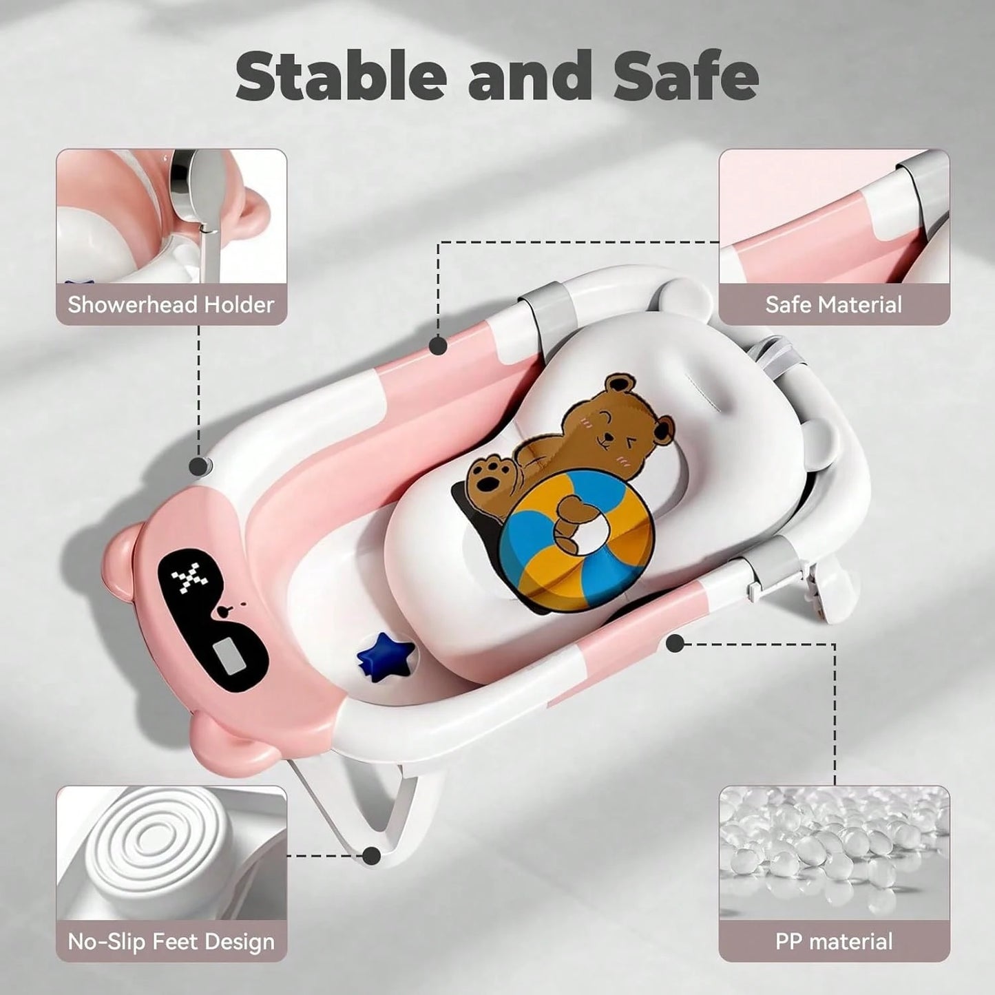 Collapsible Baby Bathtub With Soft Bath Net, Portable Infant Travel Tub, Non-Slip Dinosaur Design