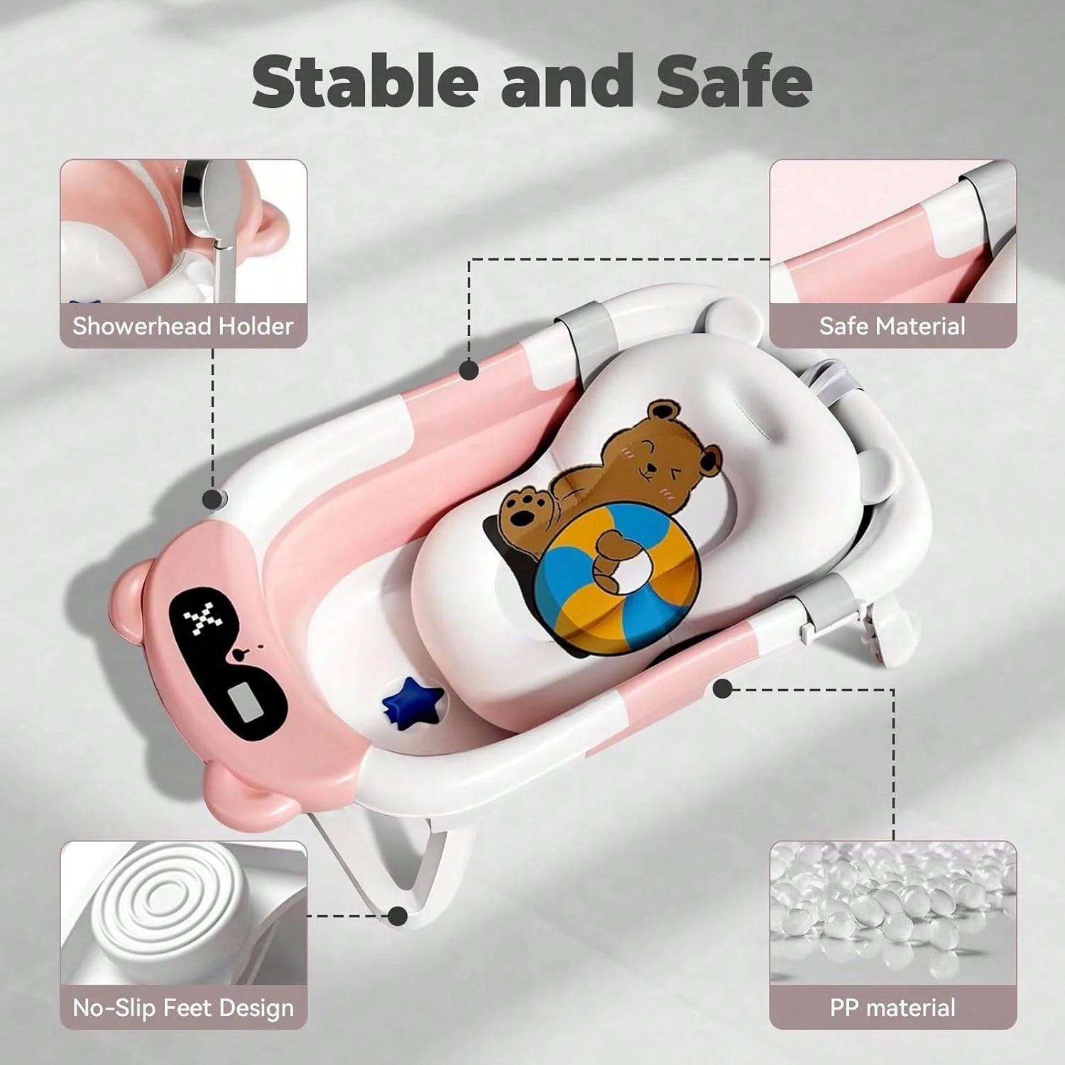Collapsible Baby Bathtub With Soft Bath Net, Portable Infant Travel Tub, Non-Slip Dinosaur Design