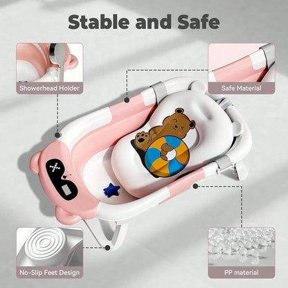 Collapsible Baby Bathtub With Soft Bath Net, Portable Infant Travel Tub, Non-Slip Dinosaur Design