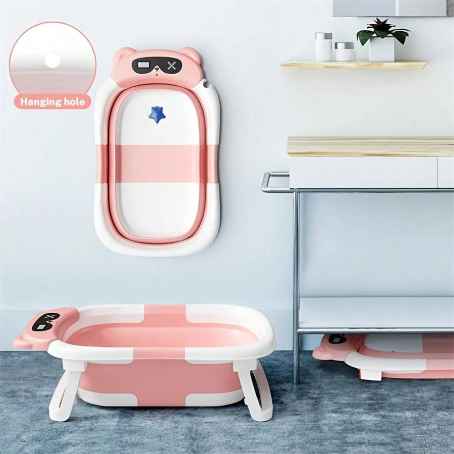 Collapsible Baby Bathtub With Soft Bath Net, Portable Infant Travel Tub, Non-Slip Dinosaur Design