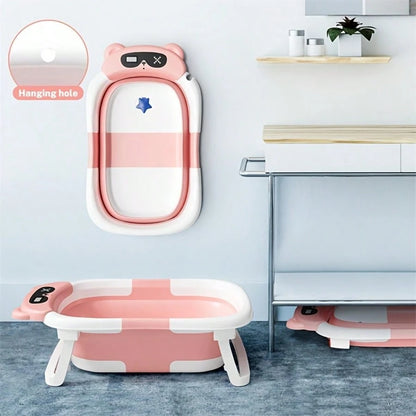 Collapsible Baby Bathtub With Soft Bath Net, Portable Infant Travel Tub, Non-Slip Dinosaur Design